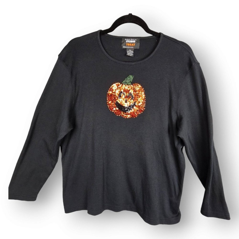 DESIGNER ORIGINAL STUDIO TREAT XL  Long Sleeve Embellish Pumpkin Halloween Shirt
